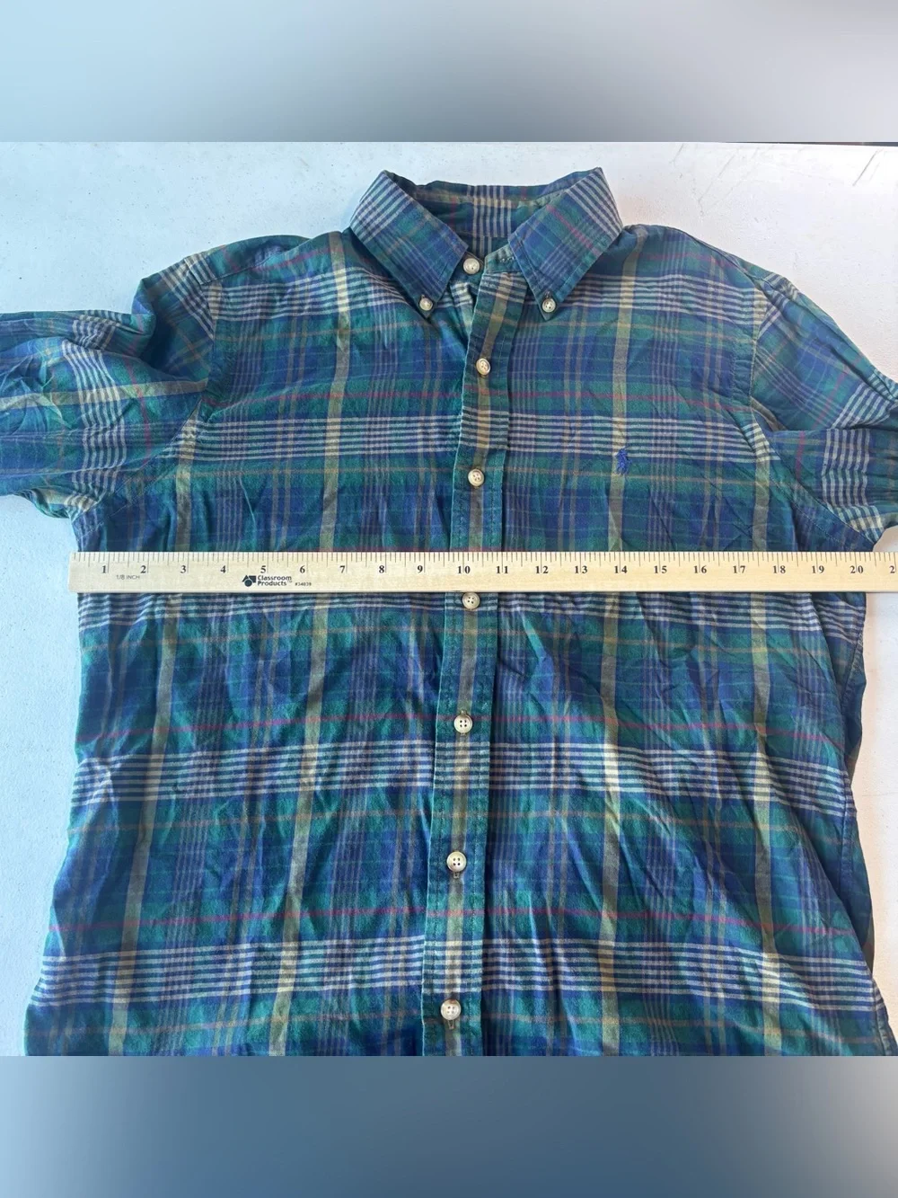 Vintage Ralph Lauren Blue Label Green Navy Plaid Button Down Shirt Small Cotton